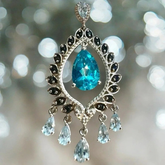 Swiss Blue Topaz|Aquamarine|Onyx Chandelier Sterling Silver Pendant - Picture 9 of 13